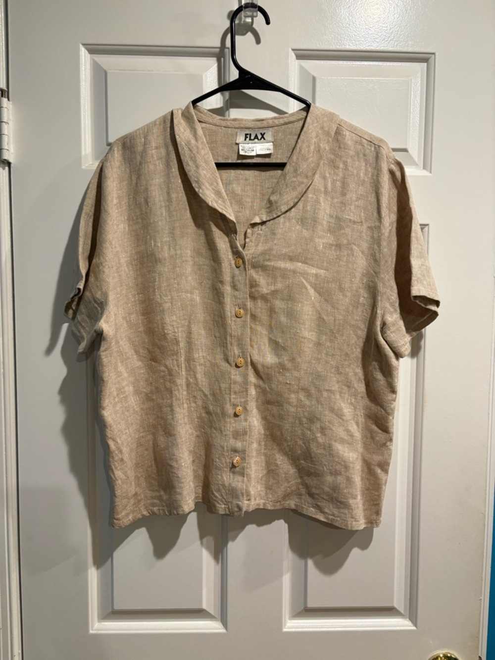 FLAX short-sleeve linen button-up blouse shirt sz M beige minimalist